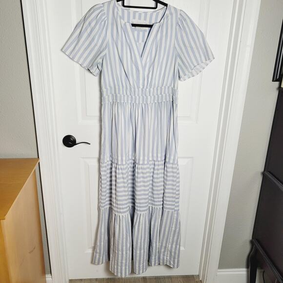 Anthropologie Dress Womens Medium Blue Striped Tiered Maxi V Neck Pockets Boho - Picture 1 of 13